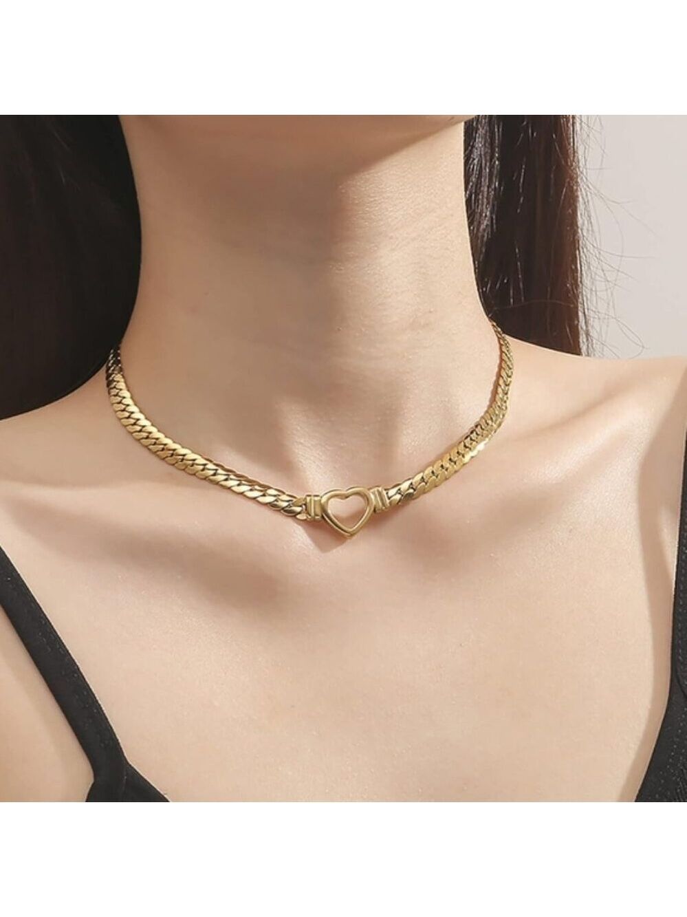 Flat Cuban Link Chunky Chain Necklace Gold Stainless Steel Hollow Heart Charms